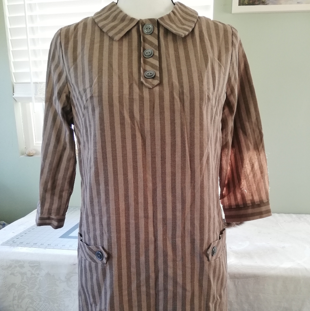 Vintage 1960s Mod Striped Brown Shift Dress